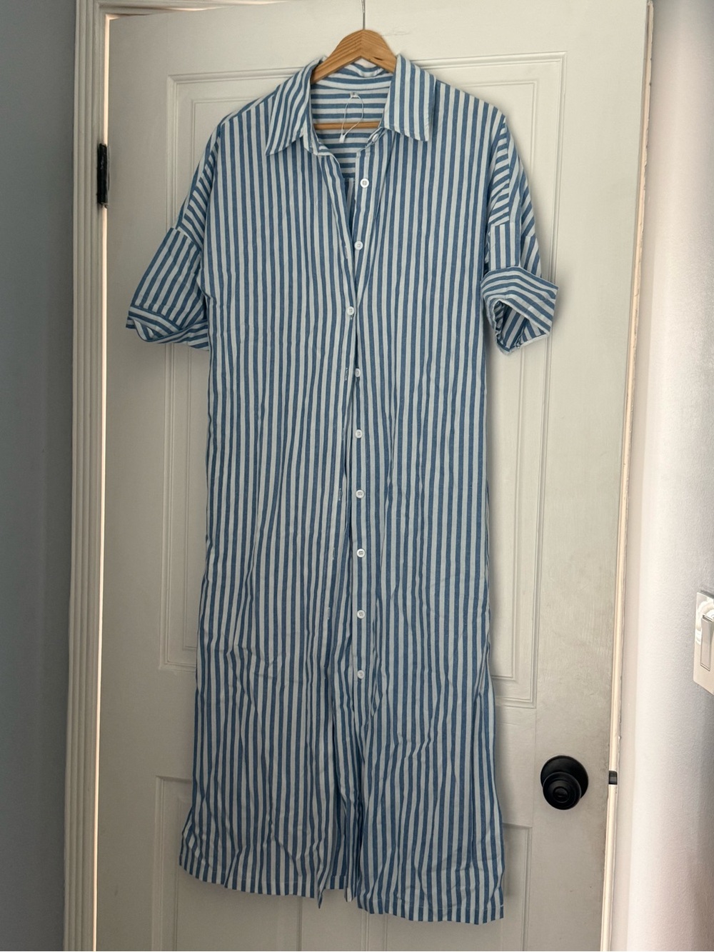 Blue and White Striped Button-Down Shirt Dress